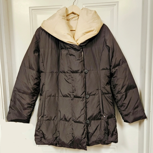 Zara Brown white reversible hooded quilted puffer jacket winter cozy size L - Picture 3 of 14